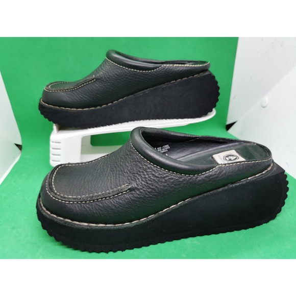 Vintage Y2K Arizona Jean Company 100% Black Leather Wedge Clogs Women's Siz 7.5M - Picture 15 of 16